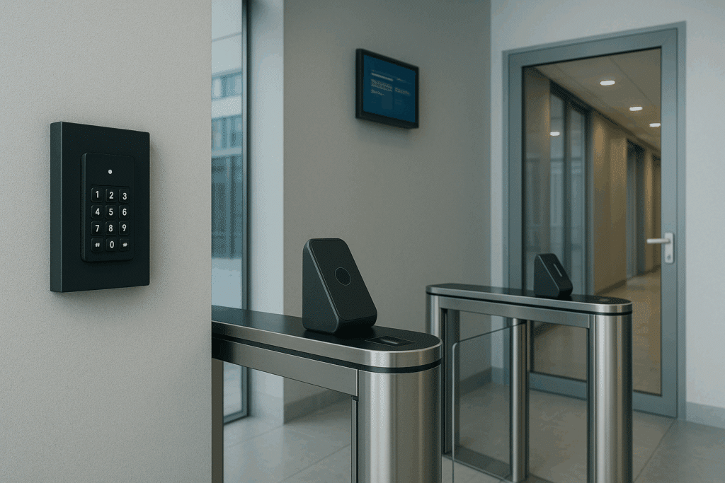 Close-up of RFID readers on optical turnstiles with wall keypad by a glass door—office access control system.