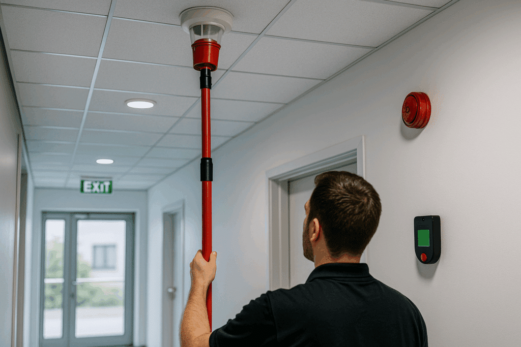 Maintenance technician tests a ceiling smoke detector with a red telescopic test pole in a bright office hallway.