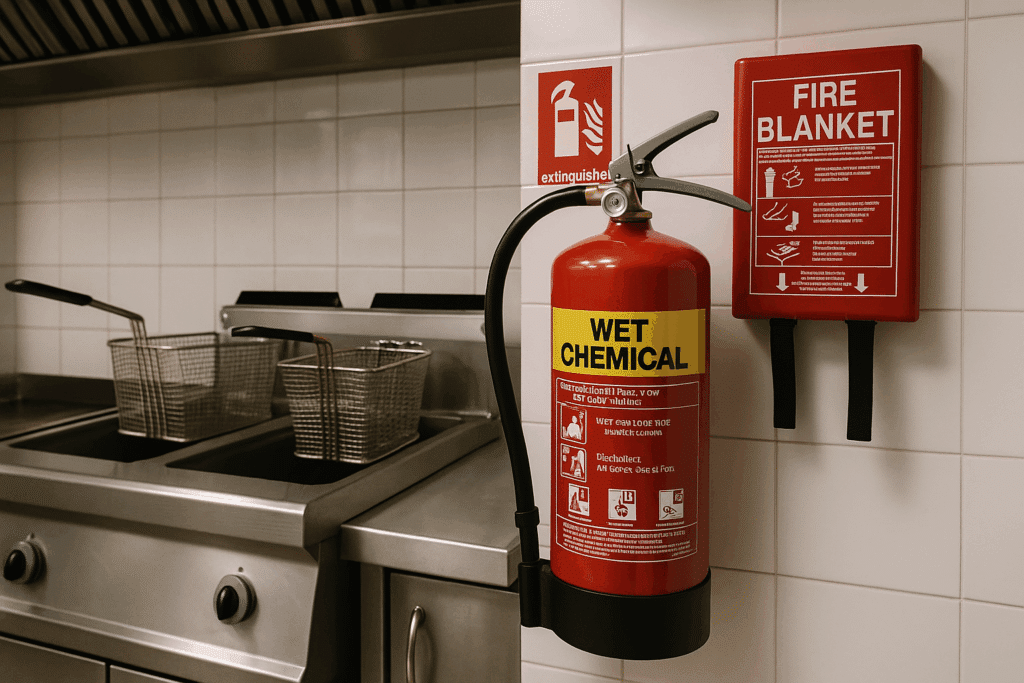 Wet chemical fire extinguisher and fire blanket mounted beside a deep-fat fryer in a commercial kitchen.