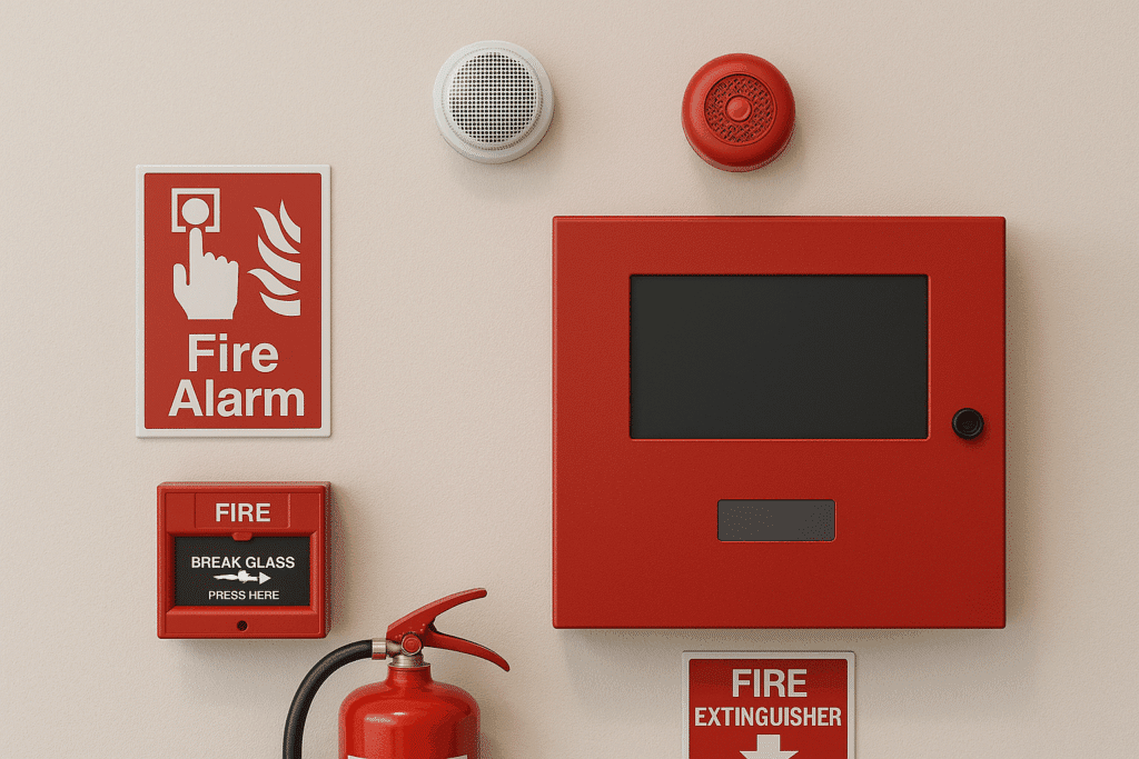 Foam and CO₂ fire extinguishers mounted with ID signs on a wall in a modern office lobby.