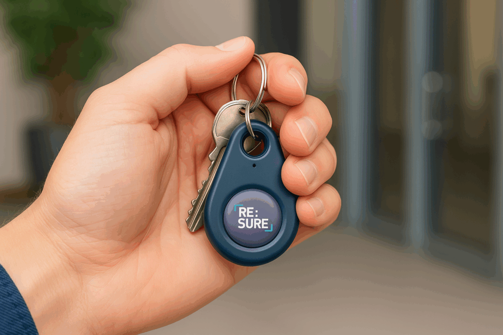 Hand holding a set of keys with a navy-blue RE:SURE panic fob attached, shown in an office entrance setting.